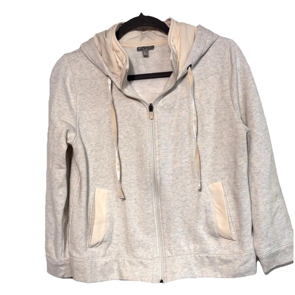 T By Talbots Medium‎ Petite Hooded Jacket Fleece Heather Beige Gray Gorpcore - Picture 1 of 6